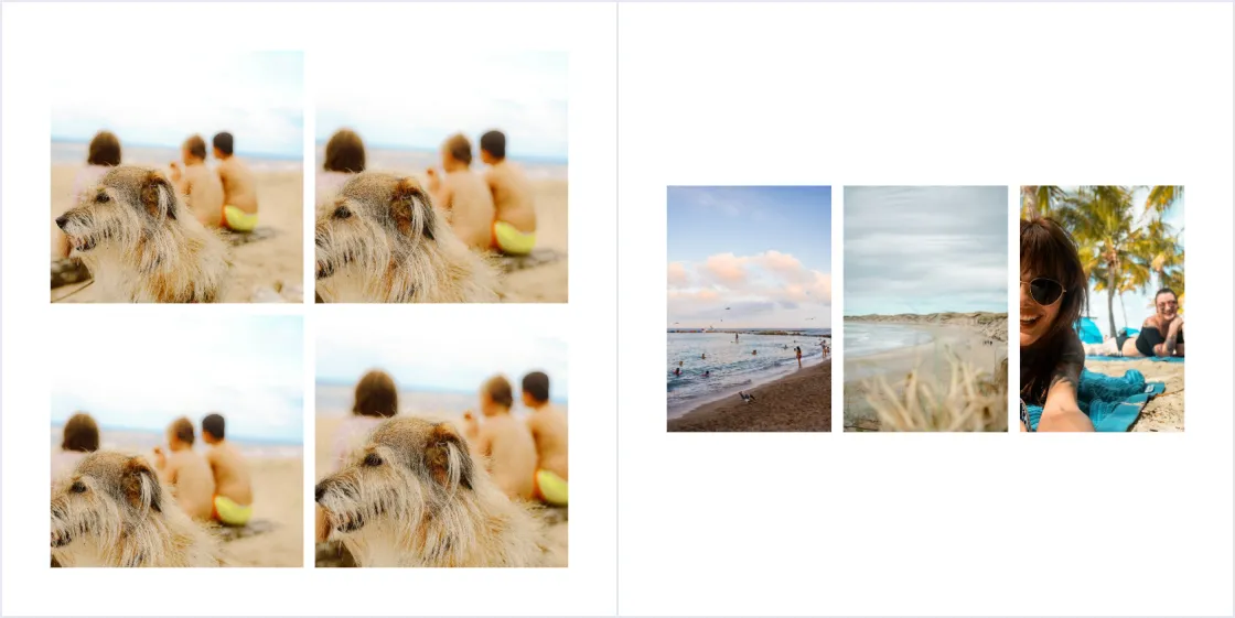 A photo book spread with four near copies of a dog on the beach on the left page and three small beach photos on the right page