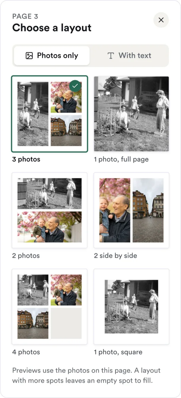 The Choose a layout panel in the Parabo Press web editor, with previews of the page in each layout